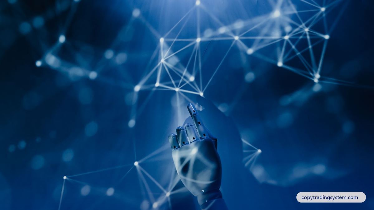 AI copy trading: a robotic hand reaching into a digital network