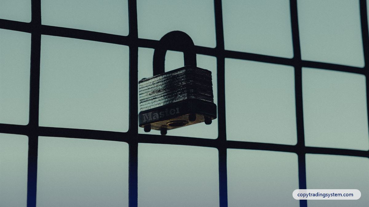 Copy trading scams: a steel padlock on a mesh fence